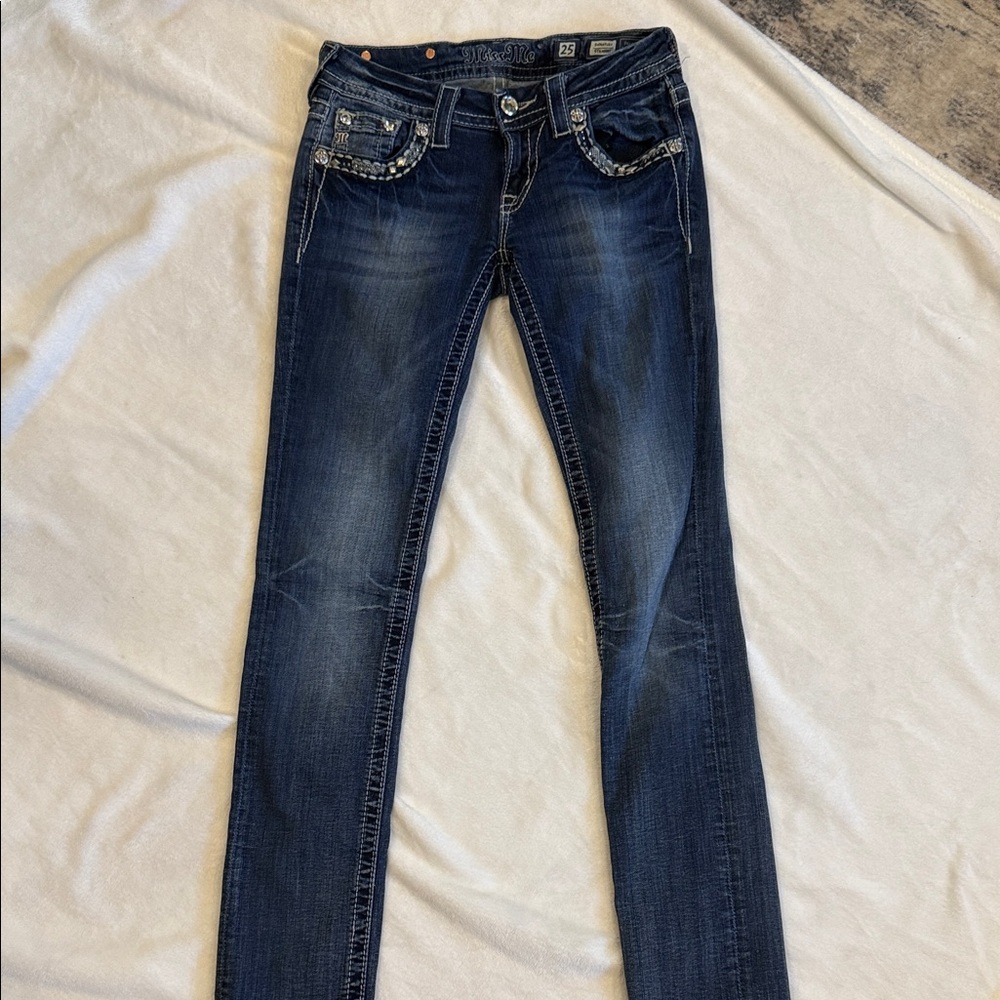Miss Me Dark Wash Skinny Jeans with Embellished Pockets